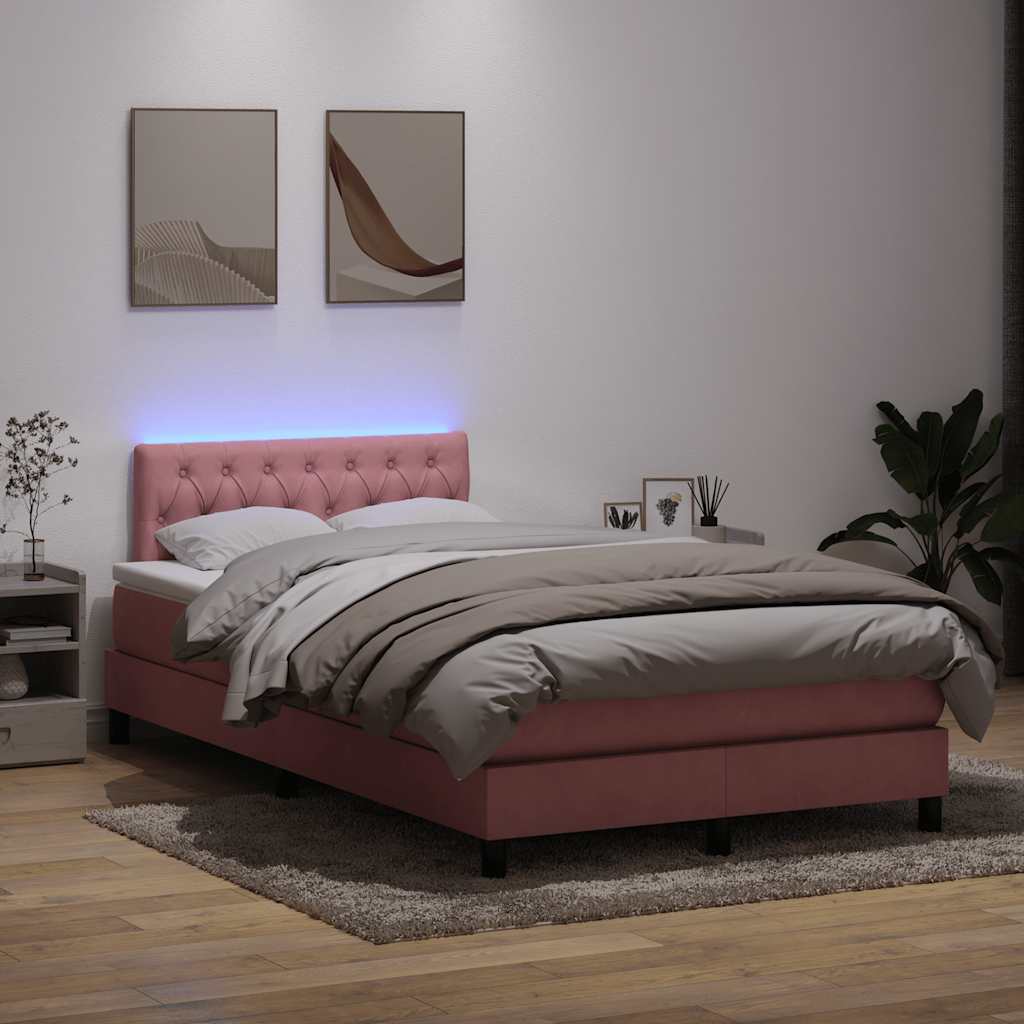 Box Spring Bed with Mattress & LED Lighting Pink 120 X 220 Cm Velvet