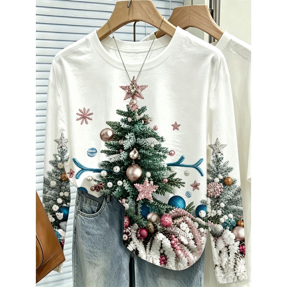 Women Long Sleeve T Shirt Christmas Tree Ornament Snowflake Print Soft Breathable Casual Holiday Autumn Winter Fashion Clothing