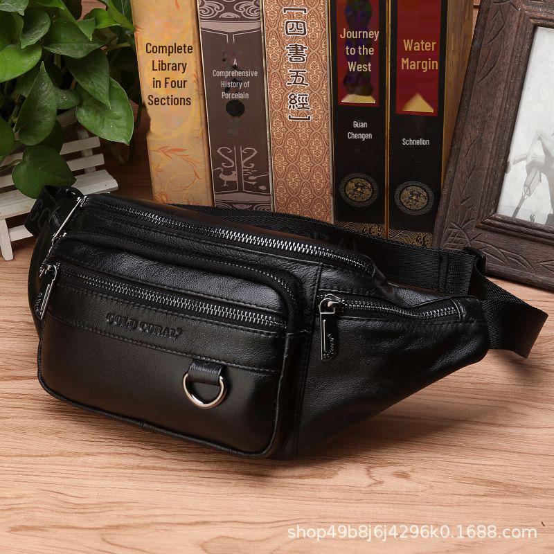 

Чоловіча поясна сумка з натуральної натуральної шкіри, багатофункціональний спортивний тримач для телефону у формі галушки, касовий апарат, повсякденна сумка великої місткості чорний