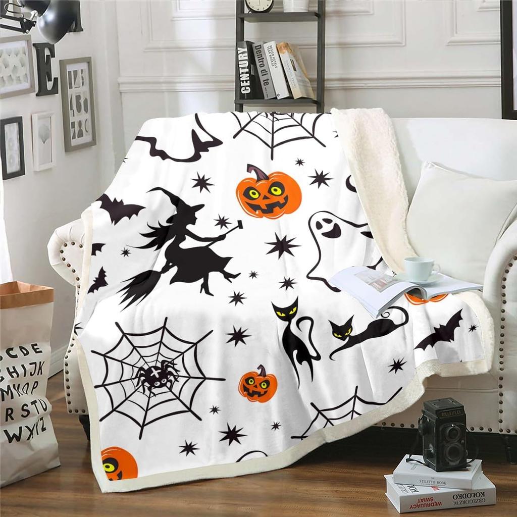 Halloween Ghost Blanket Soft Fleece Throw Pumpkin Spider Web Design Home Decor Party Gift Kids Room