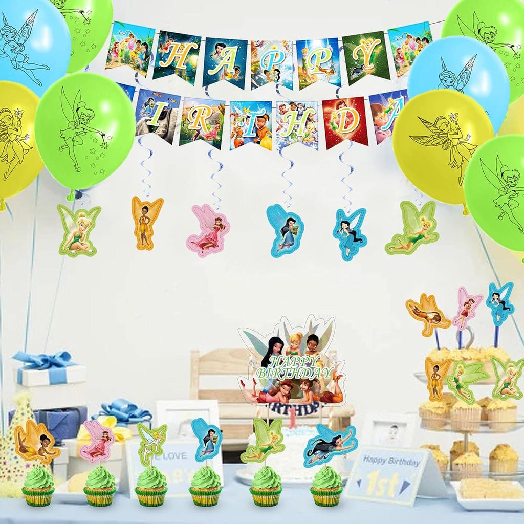 Bell Birthday Party Decorations, Fairy Themed Party Suppliers with Happy Birthday Banner, Cake Cupcake toppers, Latex Balloons Hanging Swrils