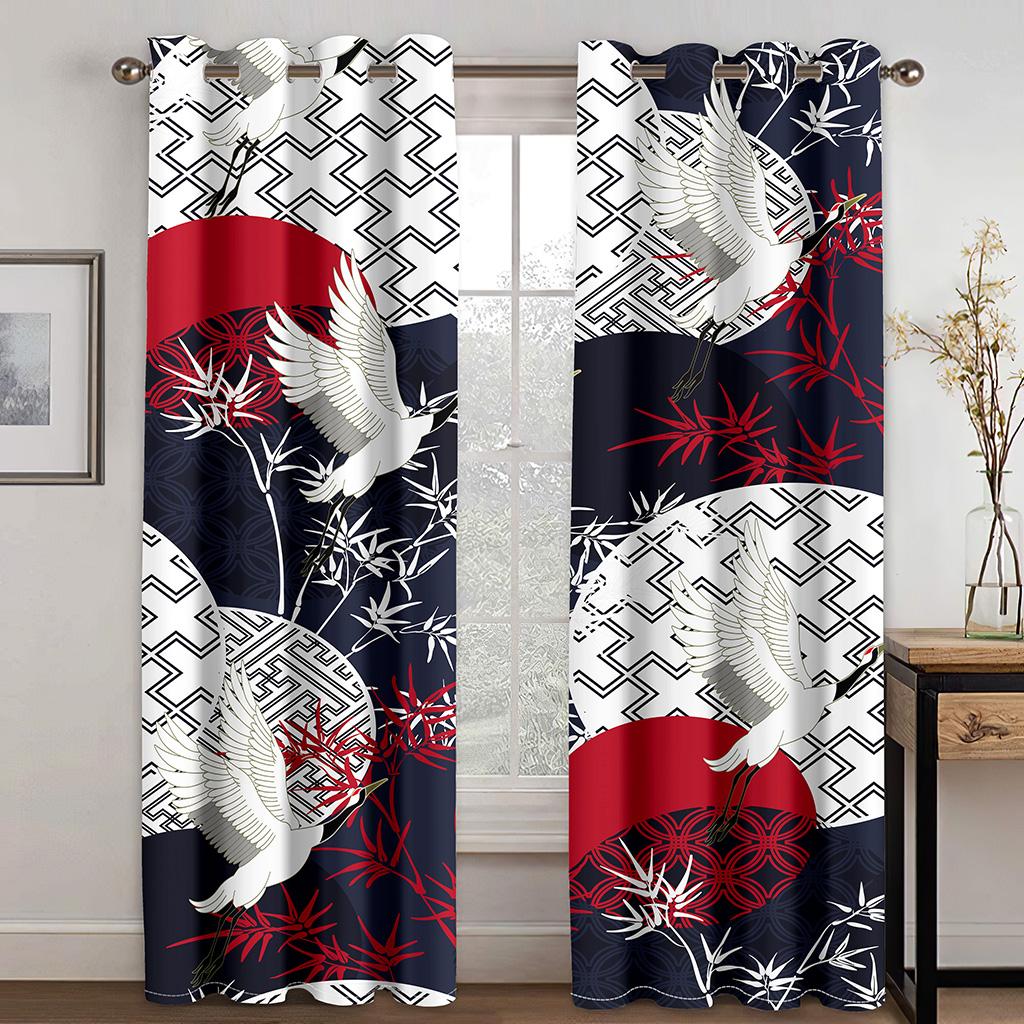 3D Japanese Style Window Treatments Chinese Red-crowned Crane Window Curtains for Bedroom Living Room Home Decor Hooks