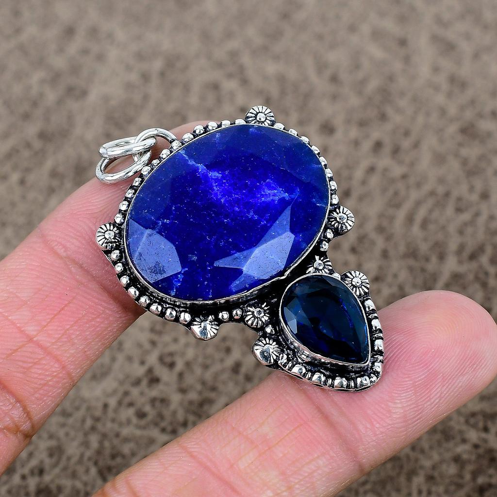 Blue Jade, Topaz Gemstone 925 Sterling Silver Jewelry Pendant 2.09" KKG-322