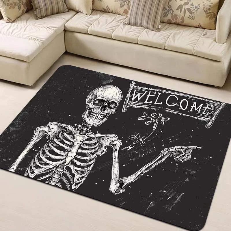 Skeleton Welcome Doormat, Machine Washable Indoor Rug, Non-Slip for Laundry Room, Kitchen, Living Room & Bedroom Entry Decor