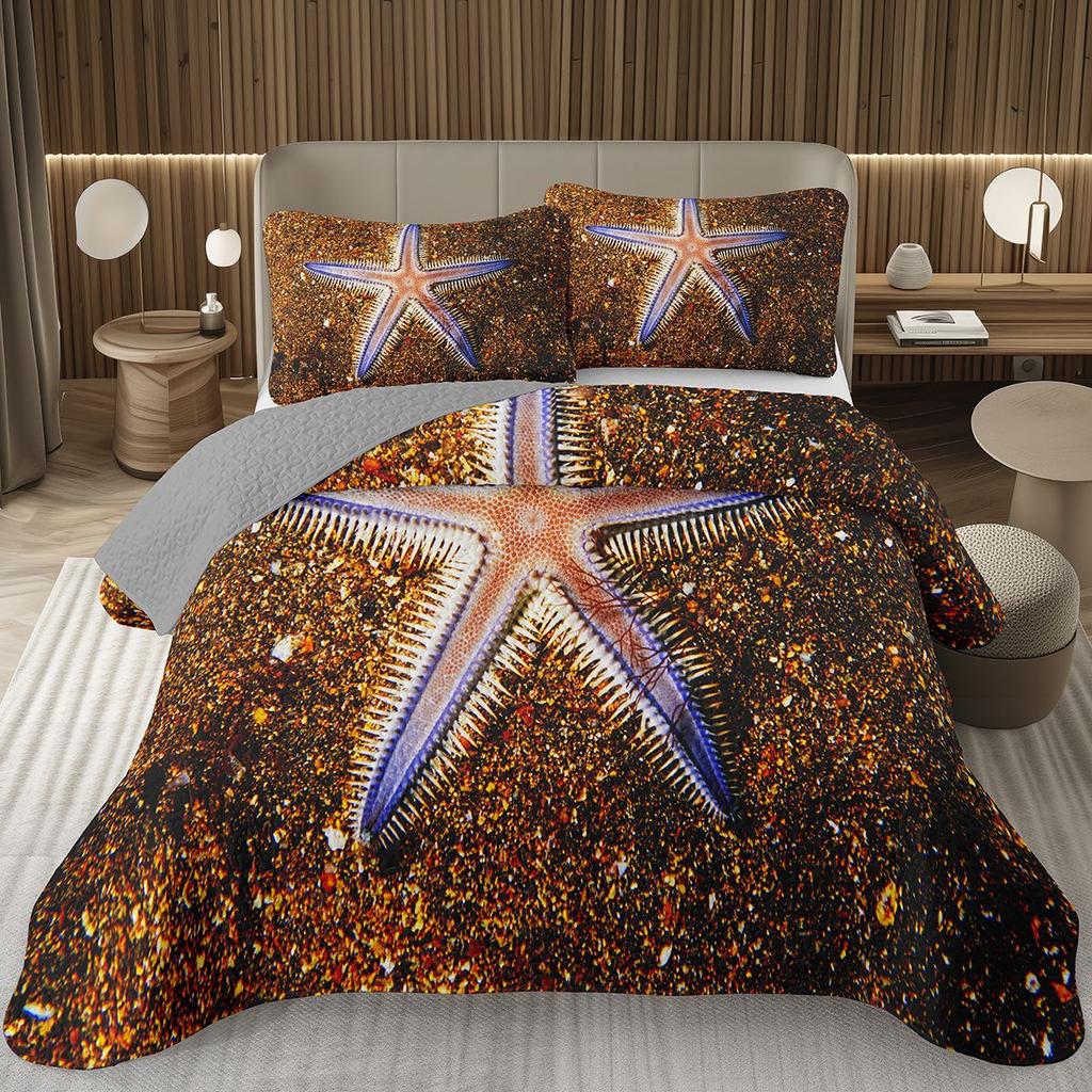 Starfish Bedspread Queen/Full Cute Ocean Creatures Quilted Coverlet 2/3 Piece Tropical Beach Theme Bedding Set for Teens Adult