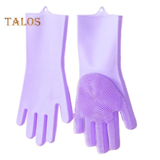 1 Pair Cleaning Gloves Anti-Scalding Reusable Silicone Dishwashing Gloves with Fine Bristles for Home