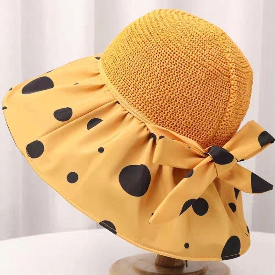 

Spring and summer hat women s vinyl bow sun hat hollow breathable straw hat big brim face covering sunscreen bucket hat