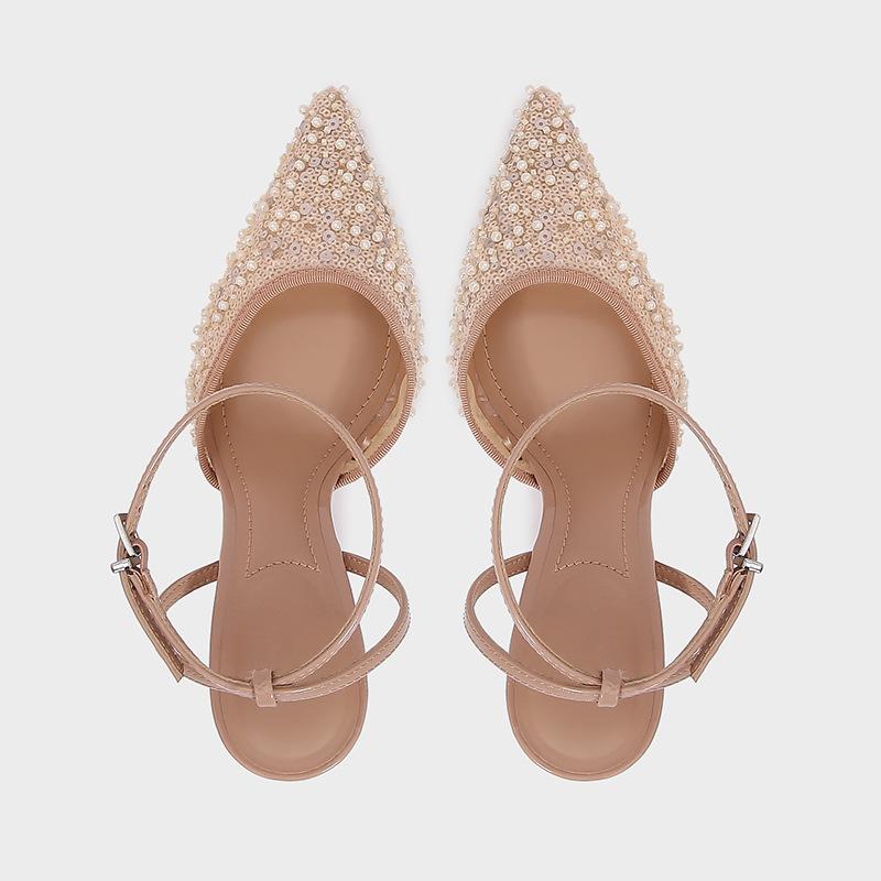 Shiny Mesh Slingback High Heels Women Party Wedding Shoes Sequins Pearl Pointed Toe Stiletto Elegant Female Dress Pumps