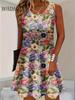 Women Summer Sleeveless Bohemian Dress Fashion Imitate Cowboy Vest Flowers Print Dress Casual Tank Beach Dresses For Women