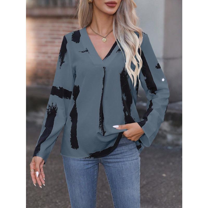 Women Black White Abstract Print V Neck Roll Tab Long Sleeve Casual Blouse