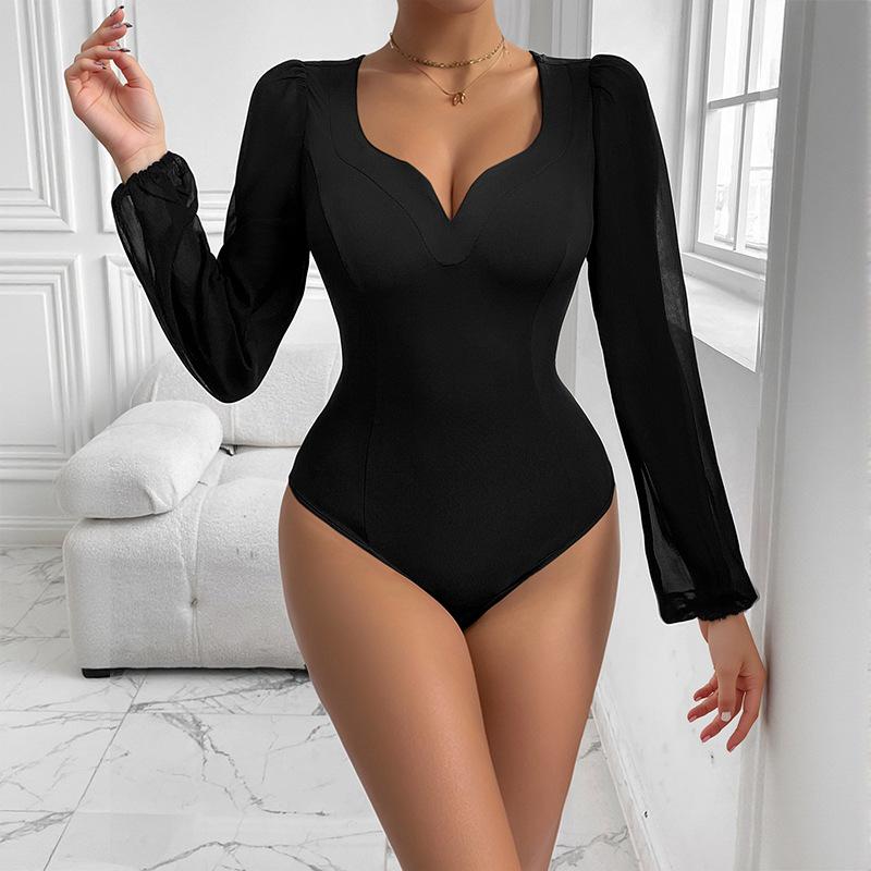 Nová Sexy Čtvercový Výstřih Slim Jednobarevná Dámská Kombinéza s Dlouhým Rukávem Černá Síťovaná Všitá V-výstřih