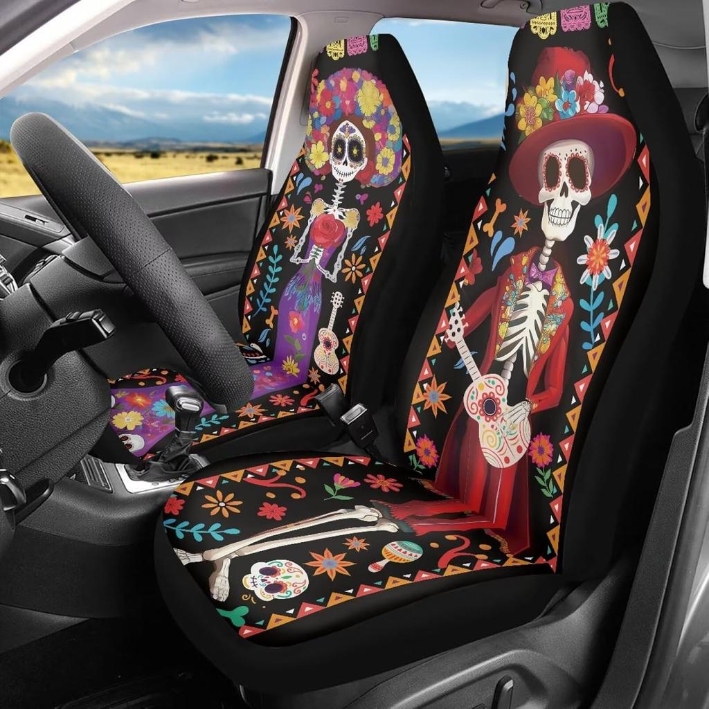 Bulopur Cute Black Gray Skull Set of 2 Car Seat Covers Universal Auto Front Seats Protector Fits for Car,SUV Sedan,Truck
