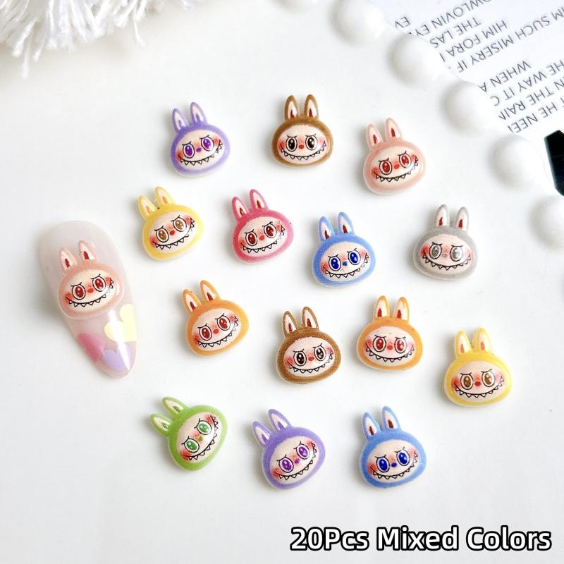 20Pcs Kawaii Cartoon Labubu Rabbit Head Resin Nail Charms 3D Luminous Creative Colorful Diy Accessories Nail Art Decoration