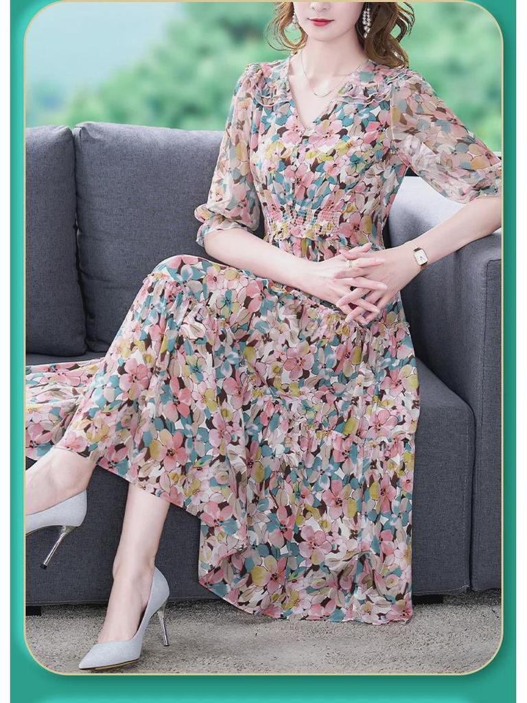 Frühling/Sommer 2022 Damen Maulbeerseide V-Ausschnitt A-Linien-Kleid