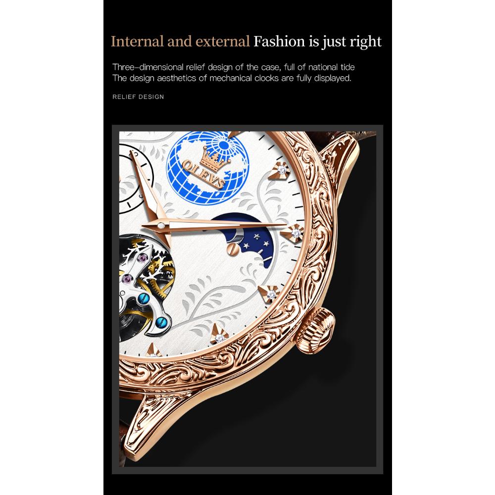 OLEVS Neue Herrenuhren, dreidimensionales Relief-Zifferblatt, aushöhlen, multifunktionale mechanische Uhren, wasserdichte Herrenuhren