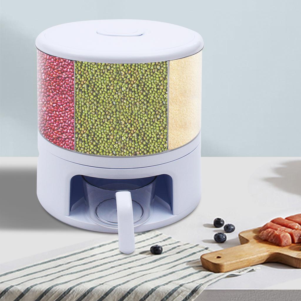360° Rotating Grain Dispenser for Rice, Beans, Seeds – 11KG Large Capacity White Kitchen Storage Container with Measuring Cup