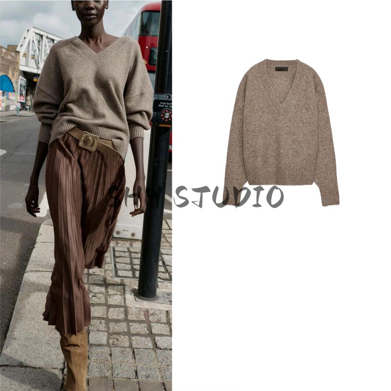 Fall New Women's Clothing Rib Trim Wool Blend Soft V-neck Long-Sleeve Knitwear Tops 2142162