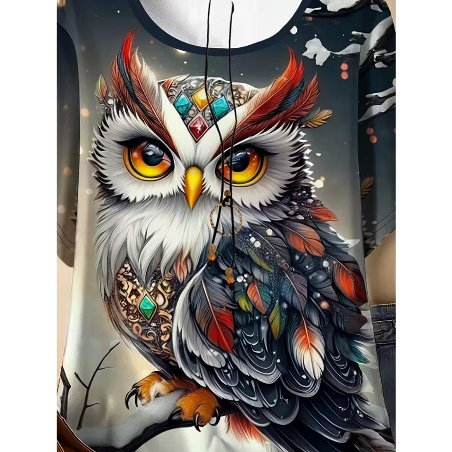 XL-7XL Plus Size Women's Casual Owl 3D Print Loose Round Neck Short Sleeved T-shirt Top