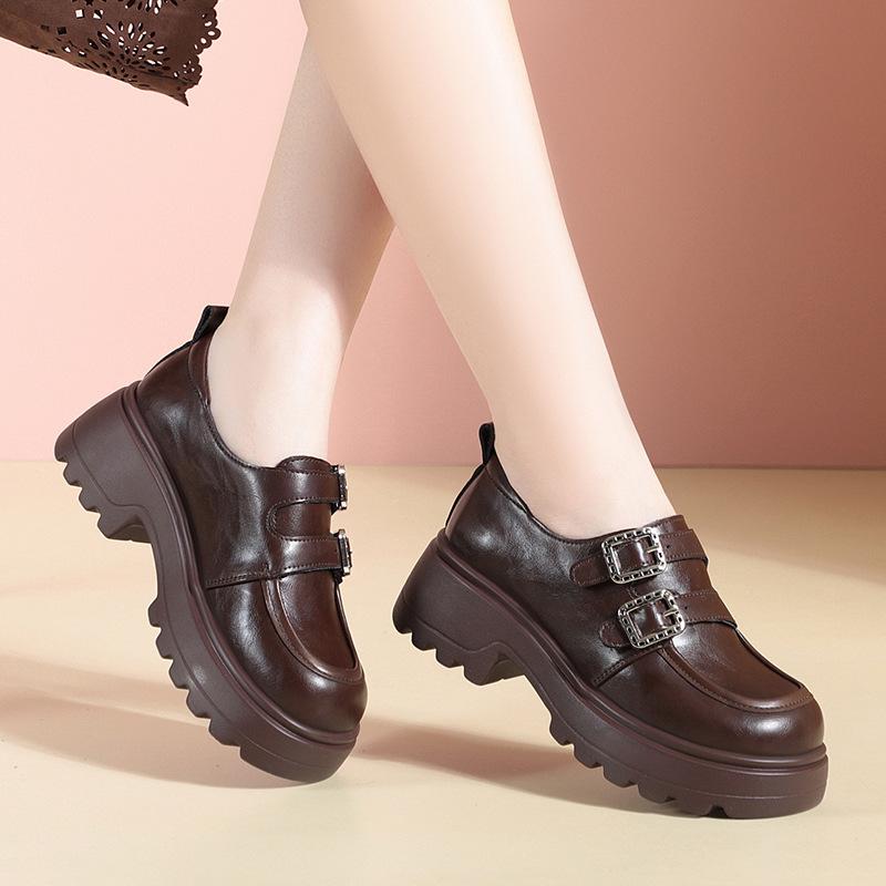 

Round-toe Retro Slip-on British Style Women s Leather Shoes Spring Platform Soft Leather Loafers 41 коричневий