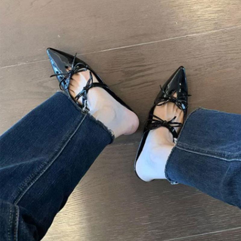 Fashion Shoes Woman 2025 Cover Toe Slippers Flat Increased Internal Butterfly-Knot Pointed Mary Janes Slides Butterfly-knot Increased In