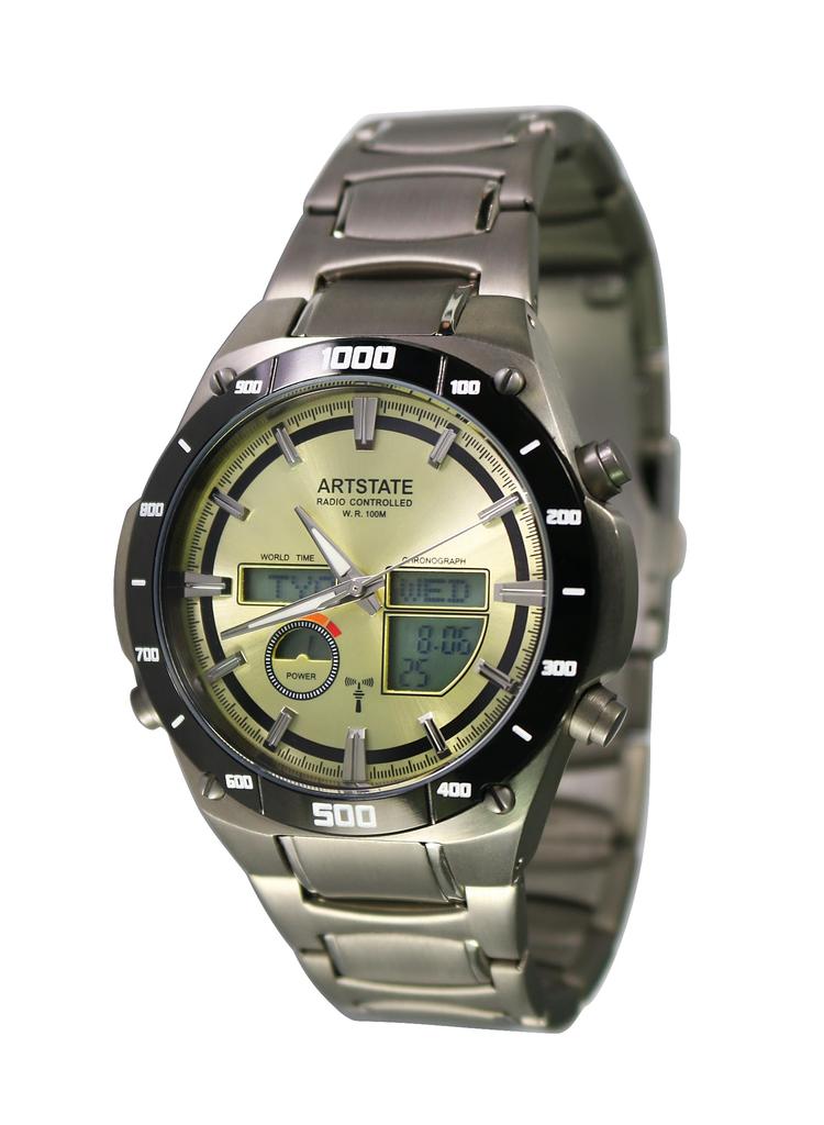 [ARTSTATE AS1771D] Funkuhr für Herren, Datums- und Wochentagsanzeige, Titan-Gehäuse und Armband, Lange Lebensdauer, 100M Wasserdichtigkeit