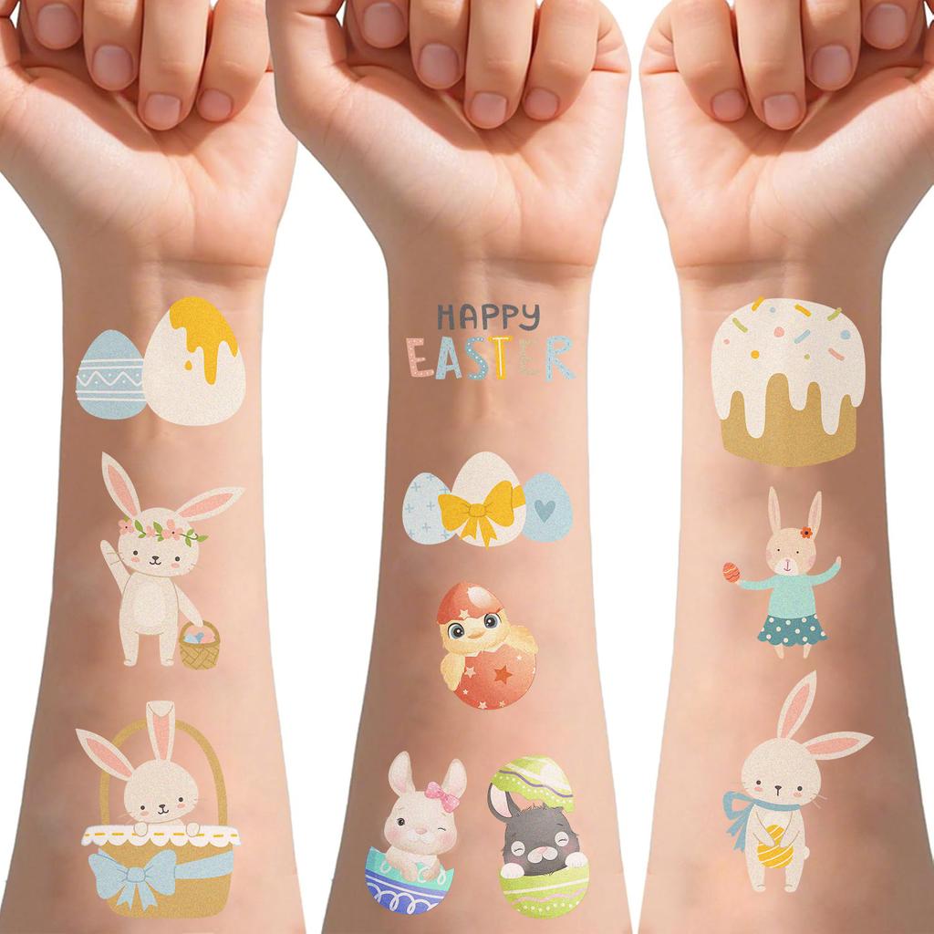 10 Sheets Easter Tattoo Stickers Egg Bunny Patterns Holiday Party Long Lasting Waterproof Temporary Tattoo Stickers