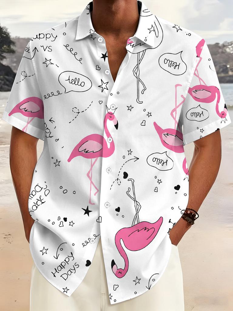 Plus Size Men'S Multi-Button Short Sleeve Shirt, Flamingo Pattern Casual Stand Collar Shirt, Size Large, Star Letter Element, Print V-Neck Short