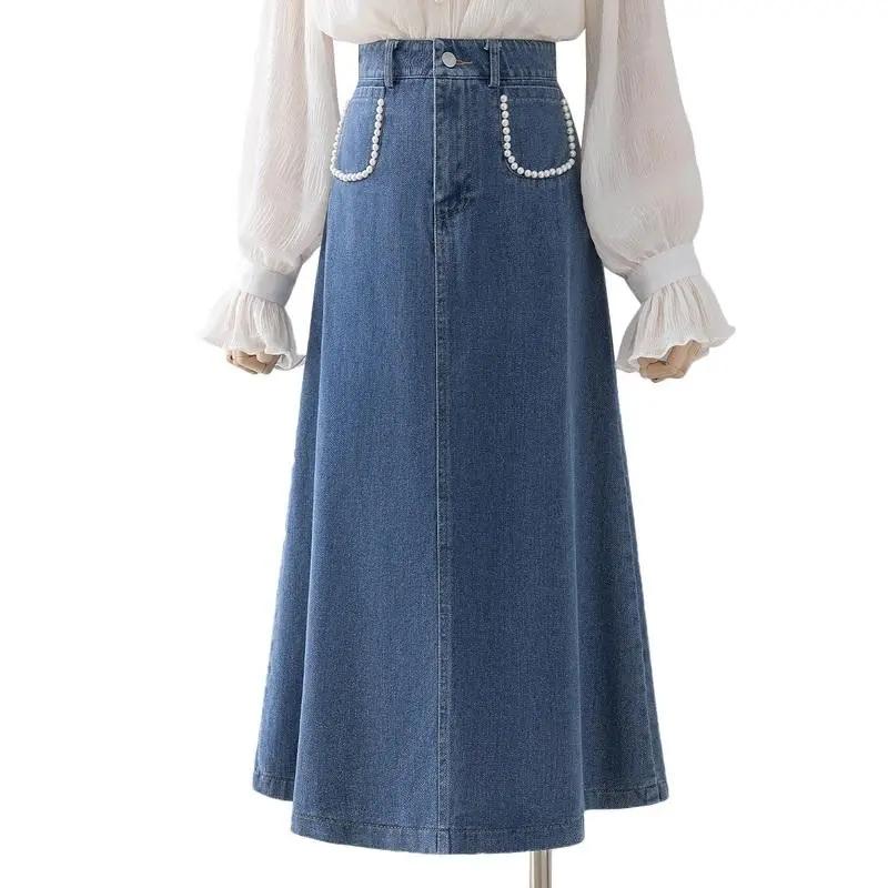 

Джинсовая юбка, женская синяя юбка-трапеция, однотонная однотонная юбка-зонтик с высокой талией, повседневная свободная юбка средней длины, летняя джинсовая юбка XL синий