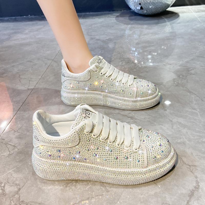 Damen Sommer Mikrofaser Weiße Schuhe Voll Diamant Sportliche Freizeit-Sneaker Modisch Vielseitig Dicksohlige Damenschuhe