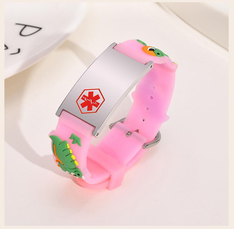 Customized Dinosaurs Medical Alert ID Bracelet , Adjsutable Silicone Bracelet, Food Allergy Engraved for Little Girl Boy