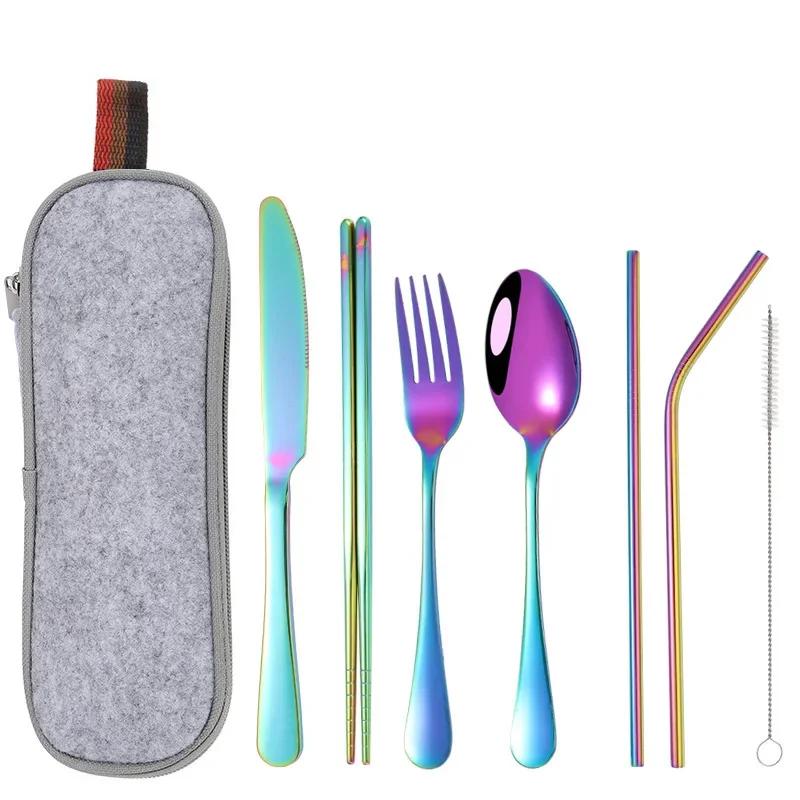 7Pcs/set Creative Knife Fork Spoon Chopsticks Travel Straw Combo Set Stainless Steel Cutlery Portable Reusable