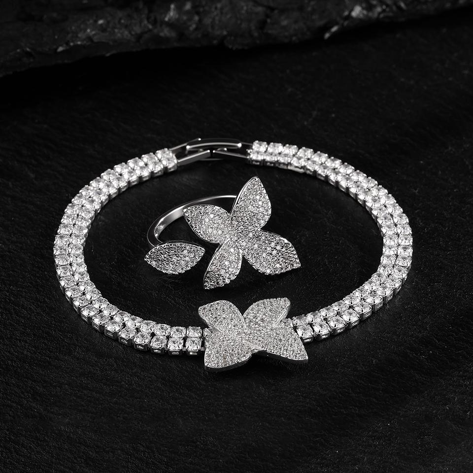 ZAKOL Luxury Brilliant Full Micro-inlaid Zircon Leaf Flower Bracelet Ring for Women Buling CZ Engagement Wedding Party Zircon
