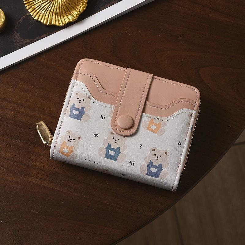 Cute Bear Print Women Wallet Short Zipper Coin Purse PU Leather Bifold Wallet Card Holder Small Clutch Wallet for Girls