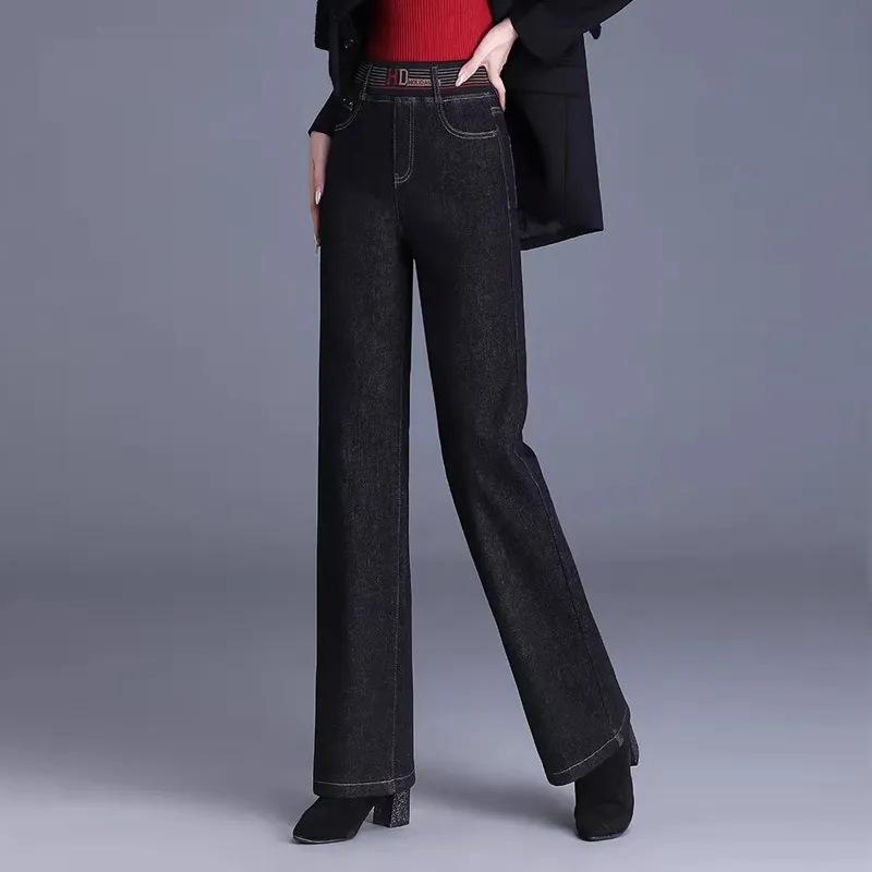 Winter Warm Casual Baggy Straight Jeans Thicken Fleece Wide Leg Denim Pants Women Elastic High Waist