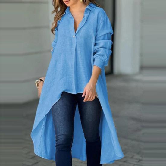 Women Shirt Lapel Buttons Neckline Long Sleeve Solid Color Shirt Irregular Hem Loose Fit Thin Shirt Tops