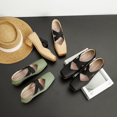 Baleriny na średnim obcasie Skórzane Retro Buty z noskiem wieprzowym Damskie Buty Jednokolorowe na Grubej Podstawie Płytkie Buty na Krzyżującym się Pasku Mary Jane