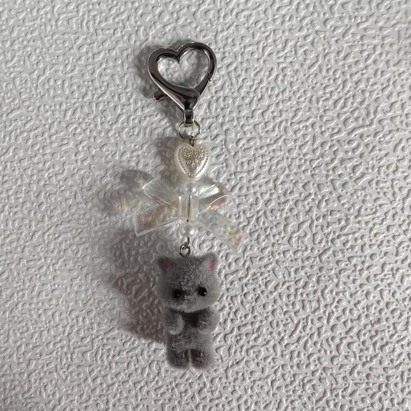 Handmade Bowknot Keychain Bear Cat Pendant Keyring Fashionable Bows Phone Lanyard Ornament Accessory for Keys Bag Purse