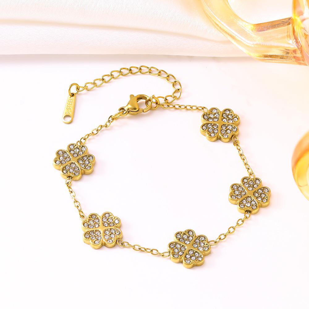 Elegant Titanium Steel Full Diamond Heart  Clover Women s Bracelet