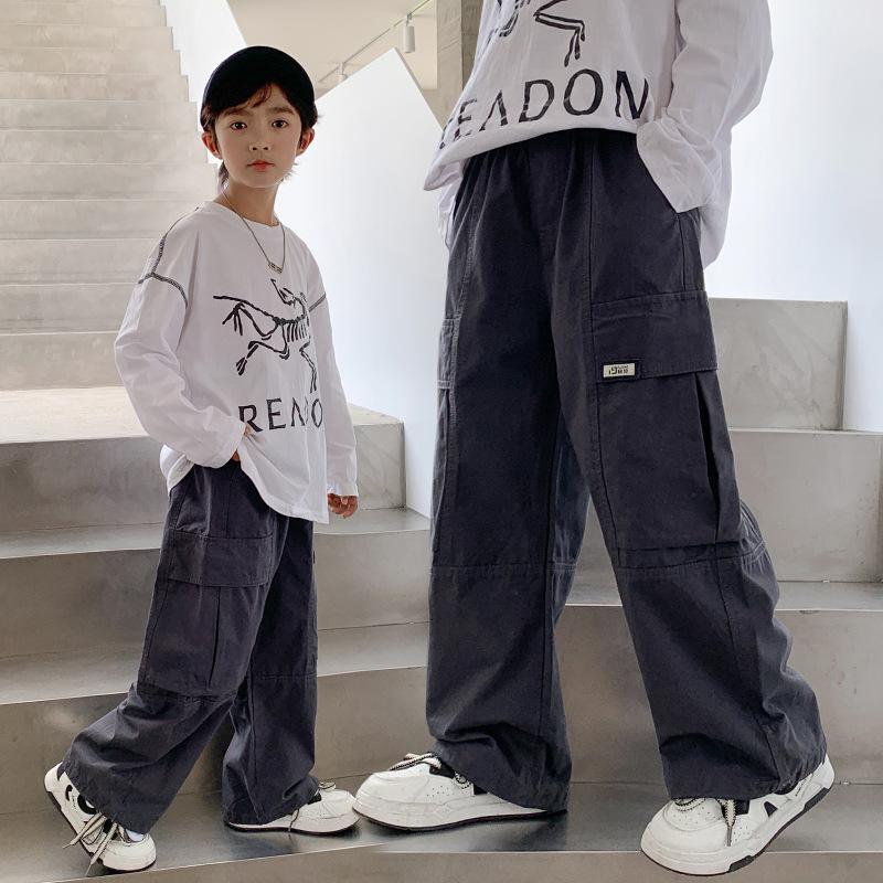 Boys Solid Color Cotton Casual Cargo Pants Spring Autumn Loose Long Trousers For Big Kids