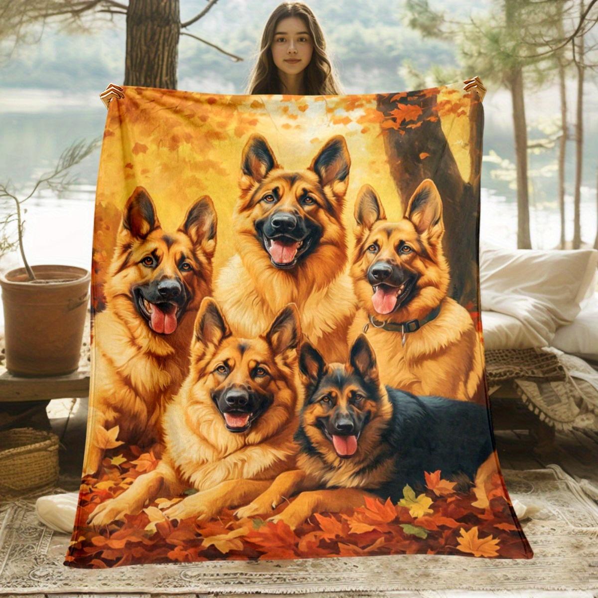 

German Shepherd Dog Print Fleece Blanket Autumn Leaves Pet Lover Gift Soft Warm Flannel Throw Blanket for Couch Bed Room Decor 75x100cm (30x40inch)