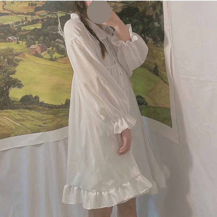 Šaty Kawaii Ženy Sladká Lolita Bílé Krátké Šaty Volány Límec Peter Pan Preppy Styl Jaro Podzim Župan s dlouhým rukávem