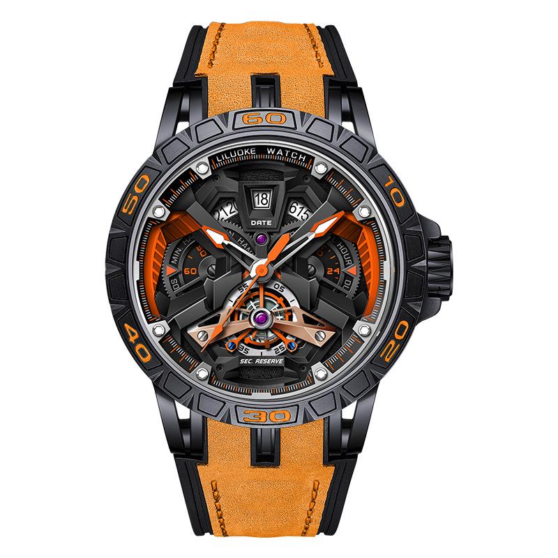 Men s Multifunctional Luminous Waterproof Leather Skeleton Quartz Watch