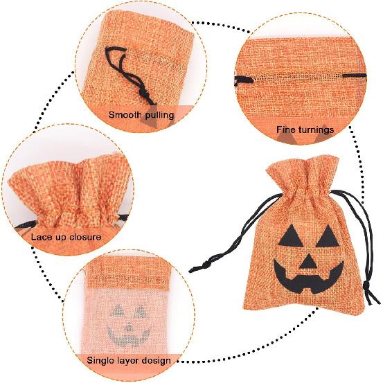 Ewanda Store 50 Pcs Halloween Burlap Bags,3.9"x5.5" Burlap Candy Bags Goodie Treat Bags with Drawstrings for Kids Halloween Party Supplies