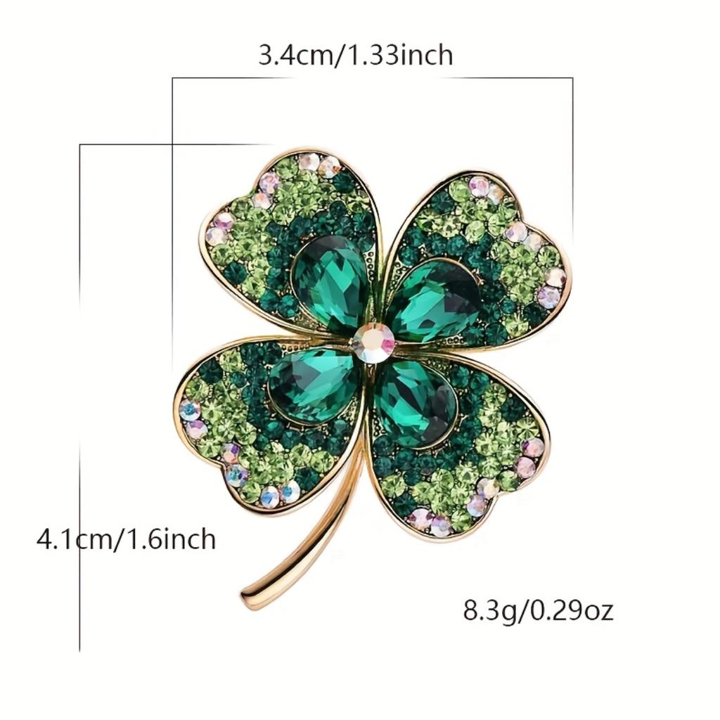 Green Rhinestone Shiny Four Leaf Clover Brooch Pin, Versatile Accessory For Cardigan Coat Hat Perfect Fashion Gift For Women