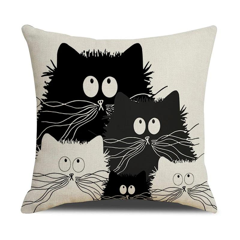 Black And White Cute Cat Printed Cushion Cover Home Decorative Sofa Pillow Covers Coffee Chair Throw Pillow Case Car Pillowcase