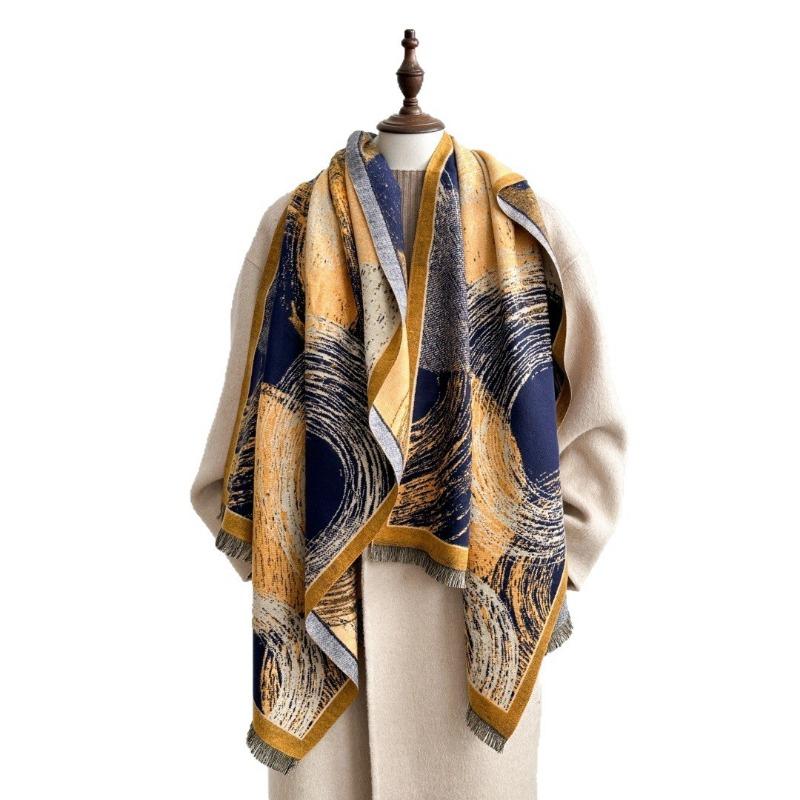 Scarf women's new autumn and winter jacquard craftsmanship imitation cashmere thickened shawl abstract art warm scarf