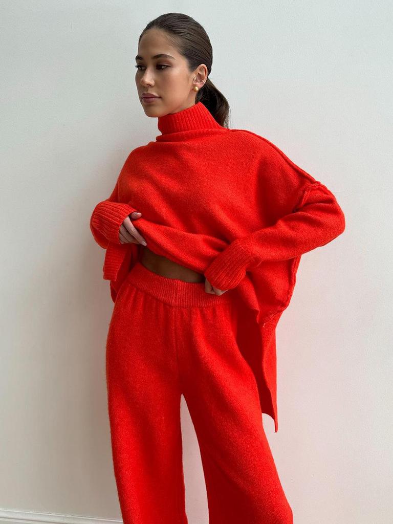 Women's Autumn/Winter High-Neck Sweater and Knit Pants Set - European/American Style, Loose Fit, Thick, Casual
