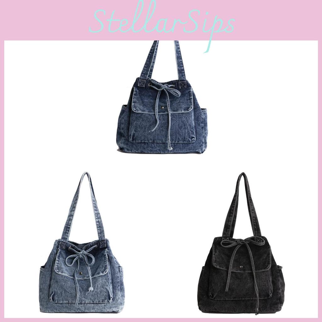 College Student Denim Shoulder Tote With Zipper Pocket And Casual Urban Design