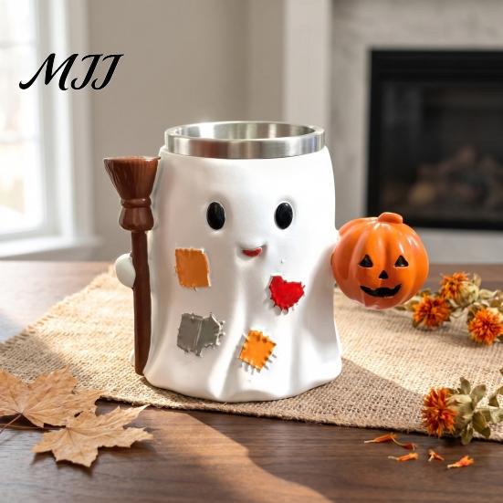 Gifts for Halloween Lovers 300ml Ghost Mug, Resin Insulated Coffee Cup, Cute Drink Funny Couple Cups Cup with Pumpkin And Broomstick, Drinkware Adults