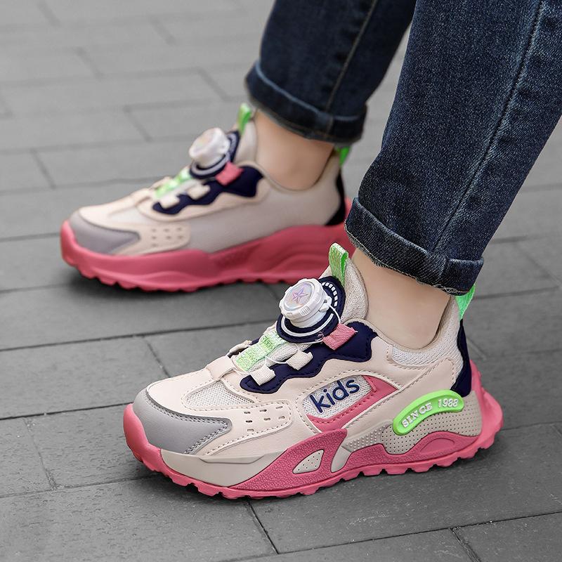 Girls' Sports Shoes Spring and Autumn Double Mesh Breathable Wear-resistant Non-slip Rotating Buckle Children's Casual Shoes Medium and Older Chi